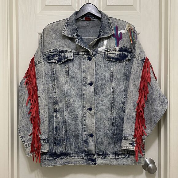 Vintage Opal Jean‎ Jacket Denim Wolf Moon Cactus Fringe Western NWT 80s 90s RARE - Picture 2 of 14